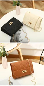 Quilted small square chain bags in black, beige, and brown with gold hardware detail