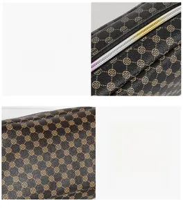 Gros plan du sac en cuir PU texturé avec motif trèfle monogramme et zip métallique