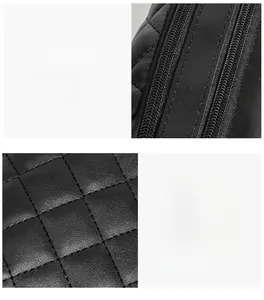 Détail de la couture en cuir noir matelassé et fermeture éclair double robuste