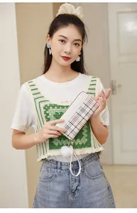 Women long wallet with white plaid pattern, wrist strap and faux fur pompom detail