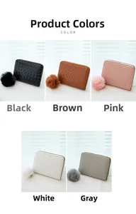 Detail view of woven texture small coin purses with fuzzy pom-pom charms in various colors