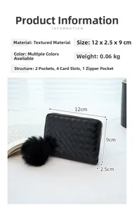 Detailed view of woven texture coin purse with pom-pom charm and interior pockets