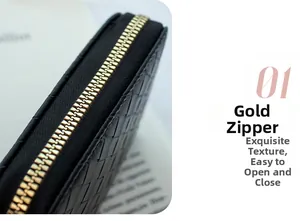 Macro detail of black woven texture wallet with a golden zipper and fur ball puller