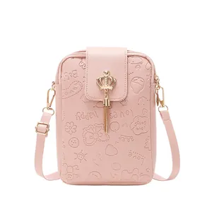 Pink PU leather small crossbody phone bag with crown tassel and embossed patterns