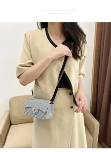 Close-up of gray quilted patent leather bag with gold metal twist lock and chain strap