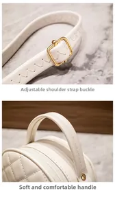Detail of adjustable shoulder strap with gold buckle and soft handle on white quilted bag