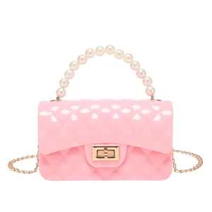 Pink quilted mini jelly bag with pearl handle and golden chain strap for women