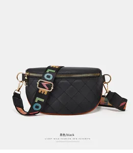 Detail of black quilted waist bag featuring gold hardware and colorful LOVE strap