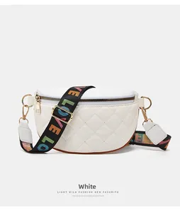 Detail of white quilted fanny pack with colorful LOVE letter printed wide strap