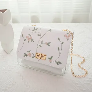 Elegante borsa a tracolla in PVC trasparente con ricamo floreale e catena dorata