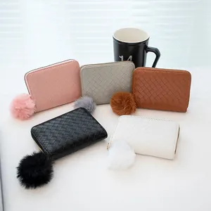 Fashion Woven Pattern Short Wallet For Women With Pom-Pom Charm Casual PU Leather Coin Purse Zip Card Holder