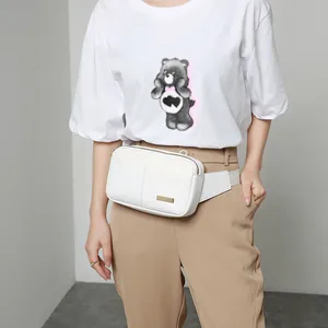 White quilted waist bag for women featuring stylish PU leather and gold metal buckle detail