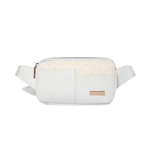 White quilted waist bag with rhombic stitching and golden metal hardware details