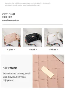 Close-up of quilted crossbody bag with colorful woven strap and golden hardware accents
