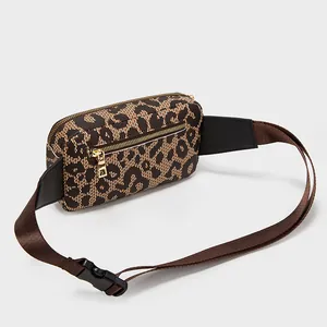 Women's leopard print waist bag with gold zipper and adjustable crossbody strap