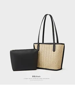 Detail of woven straw tote bag with black leather trim and matching clutch bag