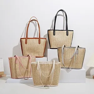 Women's Straw Woven Tote Bag And Pouch With PU Leather Handles Summer Beach Shoulder Bag Casual Vacation Handbag