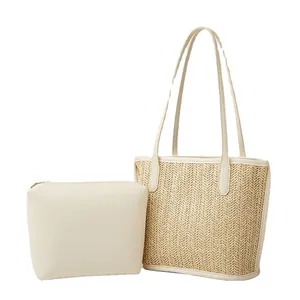 Large beige woven tote bag and matching zippered clutch set with smooth PU leather straps