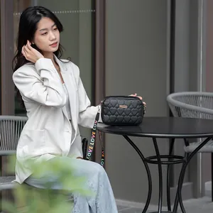 Women's black camera bag with heart embroidery and colorful LOVE letter shoulder strap