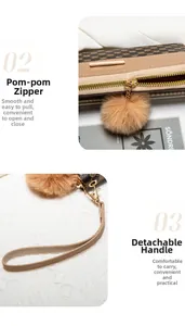 Detalle de la cremallera con pompón y correa de mano en cartera larga de contraste