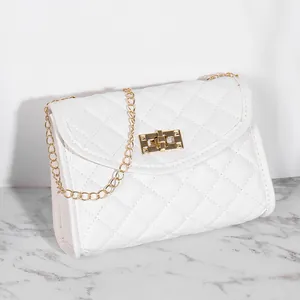 Elegant white quilted crossbody bag with golden chain strap and rectangular turn-lock