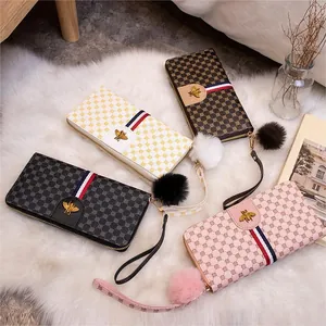 Women Long Wallet PU Leather Zipper Purse Bee Metal Decor Ribbon Stripe Pom Pom Wristlet Clutch Fashion Handbag Organizer