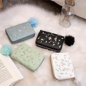 Women Floral Embroidery Small Wallet PU Leather Zipper Coin Purse With Pom Pom Charm Multi Card Slot Holder Ladies Bag