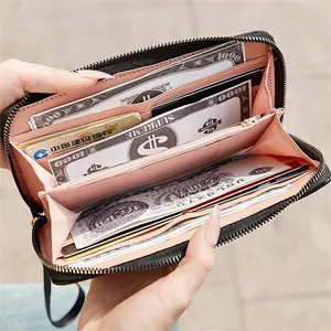 Black long wallet with butterfly embroidery, featuring multiple cards slots and coin pocket
