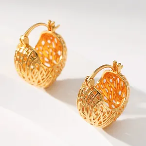 Modern 18K gold plated hollow woven sphere earrings with minimalist geometric design
