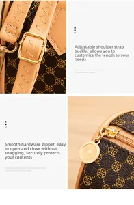 Close-up of adjustable shoulder strap and smooth gold zipper on a patterned bag