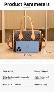 Detailed view of women's vintage Boston bag with size specs and PU leather texture