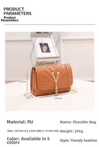 Brown PU crossbody bag detail showing 18.5x8x13.5cm dimensions and gold V tassel logo