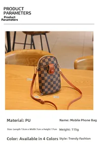Detailed view of checkered crossbody phone bag with size specifications 13x7x17cm