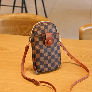 Vintage brown checkered mini crossbody bag with letter print and adjustable strap