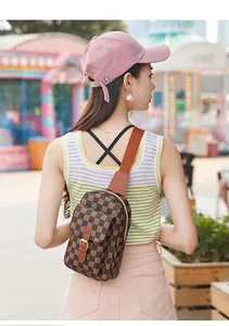 Photo en extérieur d'un sac de poitrine marron à carreaux avec détails de motifs R