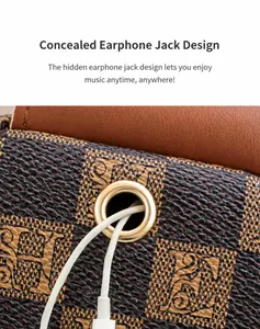 Detail of hidden earphone hole on monogram crossbody bag with retro leather pattern