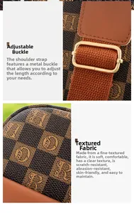 Detail of adjustable gold buckle and checkered synthetic leather on crossbody bag
