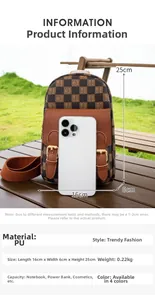 Detail view of brown checkered PU leather chest bag with gold buckle and embossed pattern