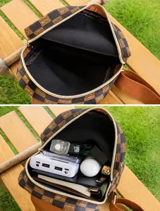 Detail showing large capacity storage for daily essentials in a checkered chest bag