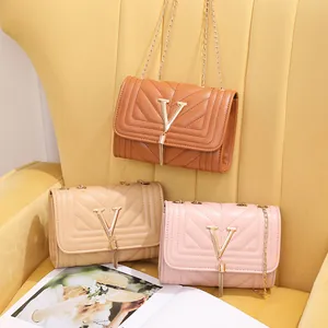 Women Quilted Crossbody Bag With Metal V Logo And Tassel Charm PU Leather Chain Strap Small Square Shoulder Bag For Daily