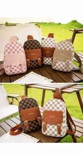 Close-up of checkered canvas crossbody bag with dual buckles and golden metal logo