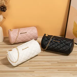 Women Quilted Cylinder Crossbody Bag PU Leather Vintage Monogram Pillow Bag With Gold Chain Small Phone Purse Handbag