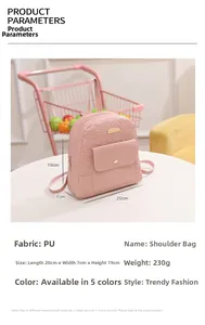 Detail view of pink floral embossed backpack with dimensions 20x7x19cm and PU material