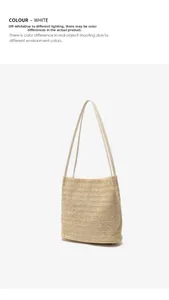 Detailed view of woven straw bucket bag with elegant leather handles and wavy texture