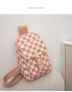 Gros plan détaillé du sac à carreaux beige avec imprimé lettres et boucle dorée chic