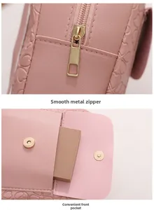 Detailed view of pink floral embossed PU leather bag with smooth gold zipper and front pocket