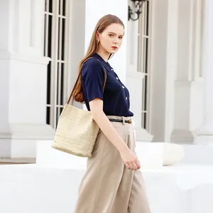 Women Straw Woven Bucket Tote Bag Contrast Color PU Leather Shoulder Bag Casual Summer Beach Vacation Handbag