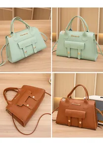 Détails de sacs à main en cuir grainé vert menthe et marron avec ferrures en métal