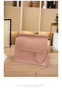 Detail of pink crossbody bag featuring suede flap, metal ring and gold chain strap