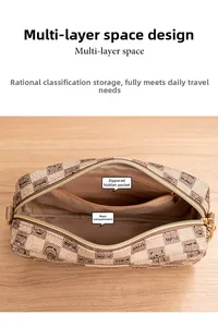 Detail view of plaid camera bag interior featuring multiple compartments and zipper pocket